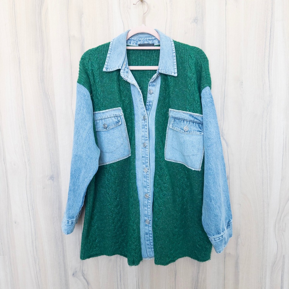 Womens Denim Knit Oversized Shacket Small Tall Green Boho Colorblock Artsy